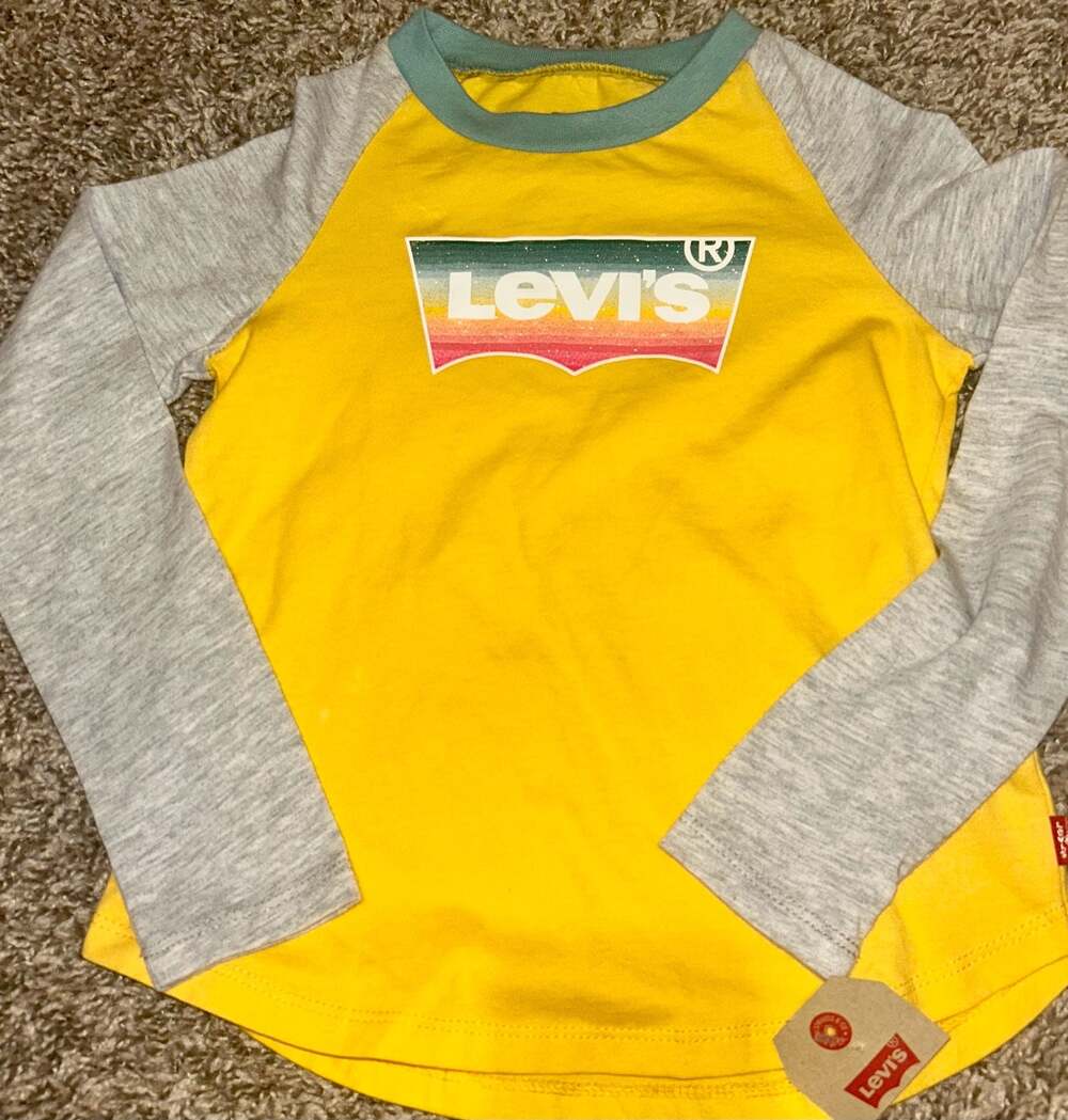 Levi's Kids Yellow and Gray Raglan Long Sleeve Shirt with Rainbow Glitter Logo S